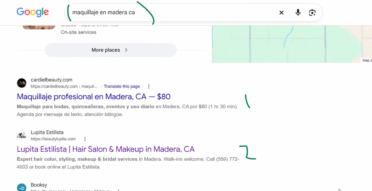 Resultado de Google para "maquillaje en Madera" donde aparece GMS Beauty Salon