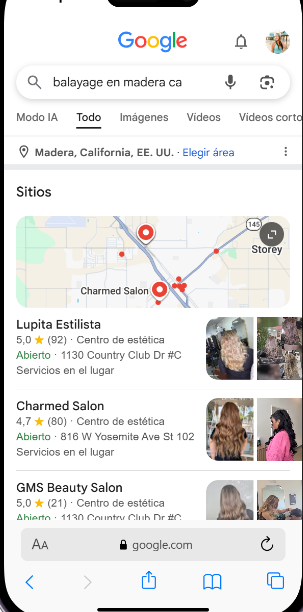 Resultado de Google para "balayage en madera ca" donde aparece Lupita Estilista