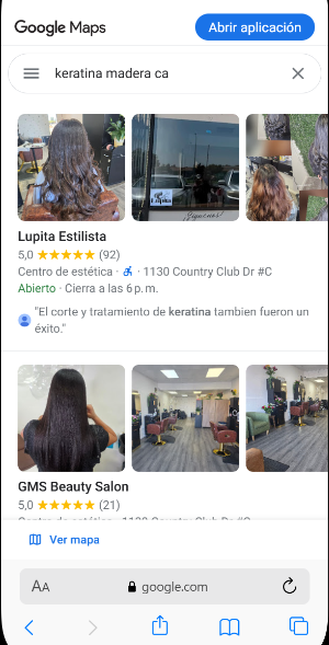 Resultado de Google para "keratina madera ca" donde aparece Lupita Estilista