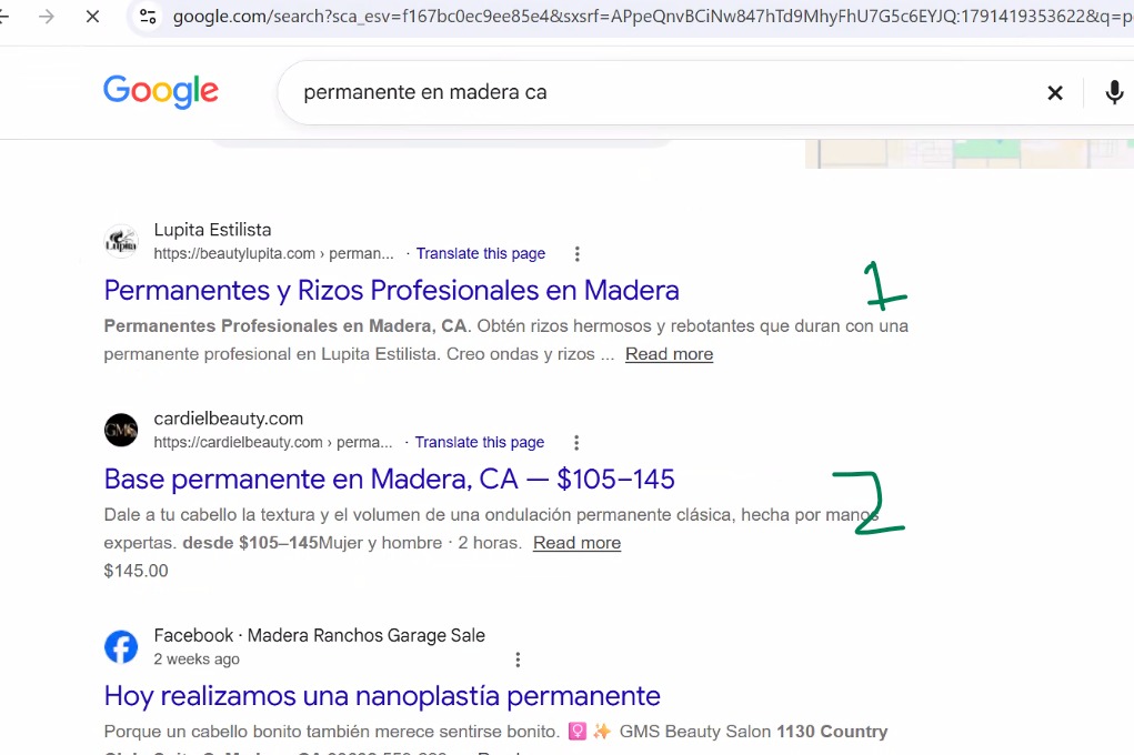 Resultado de Google para "permanente en Madera" donde aparece GMS Beauty Salon