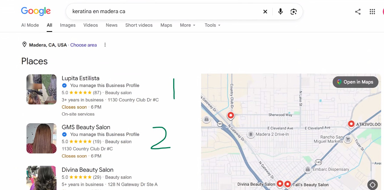 Resultado de Google para "keratina en Madera" donde aparece GMS Beauty Salon